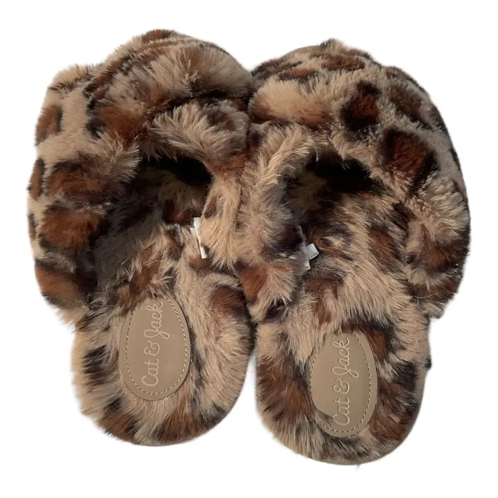 Cat & Jack Girls Leopard Print brooklyn faux fur slide on slippers L(4/5)